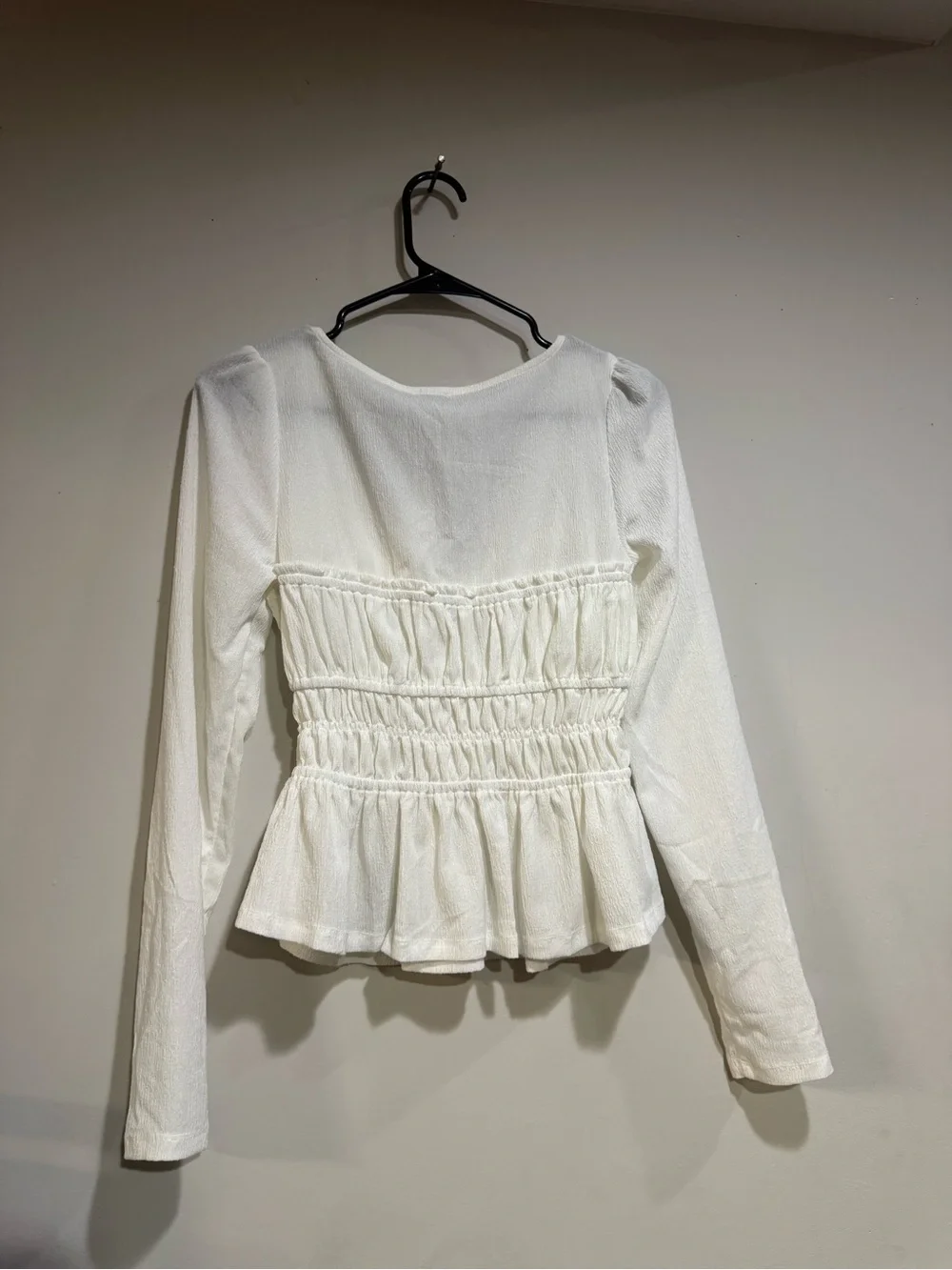 Anthropologie Cream Smocked Peplum Long-Sleeve Blouse